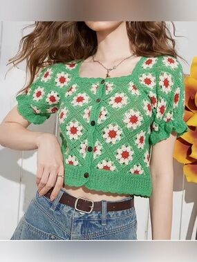 Green Crochet Button-Front Square Neck Women’s Top